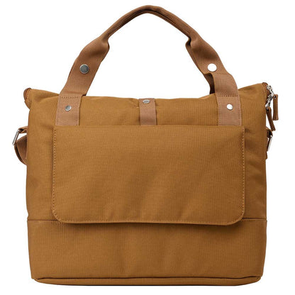 Weathergoods Sweden City Bike Satchel braun – Rückansicht mit Vorrichtung Rixxen Haken zur Befestigung am Gepäckträger geschlossen mit Abdeckung - HOLE-X 