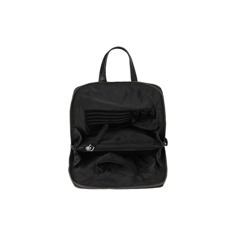 Leder Rucksack Linford Schwarz – Innenansicht mit Organizer und Fächern geöffnet