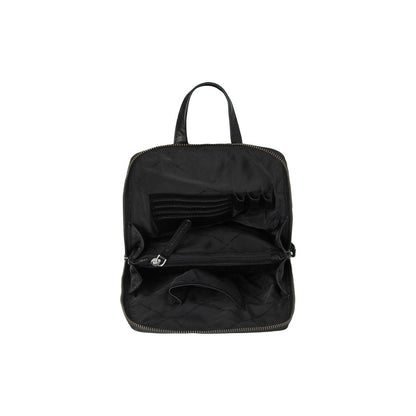Leder Rucksack Linford Schwarz – Innenansicht mit Organizer und Fächern geöffnet