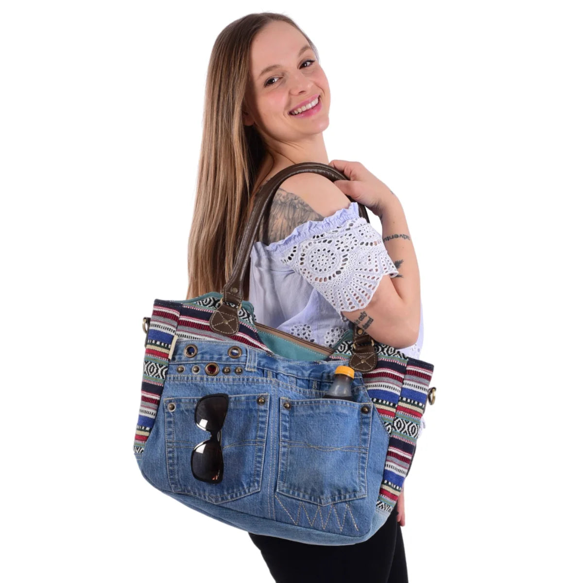 Sunsa Handtasche aus recycelter Jeans & Canvas. Nachhaltige große Schultertasche/ Shopper