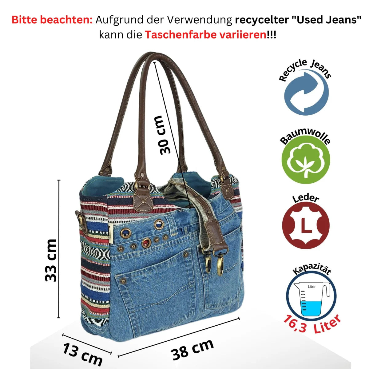 Sunsa Handtasche aus recycelter Jeans & Canvas. Nachhaltige große Schultertasche/ Shopper