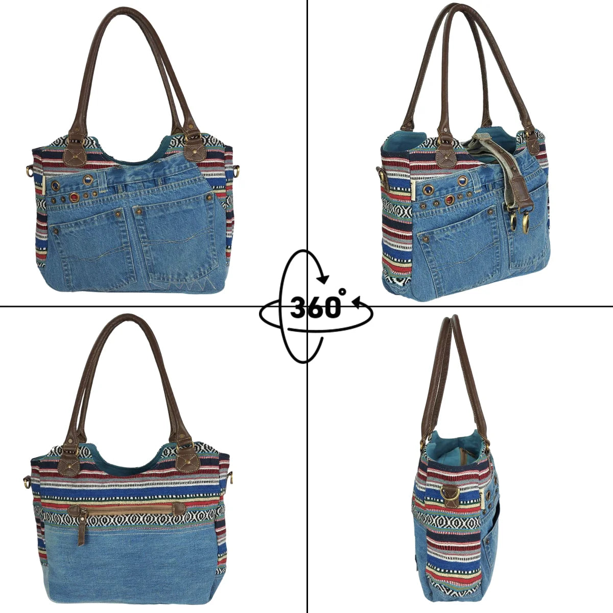 Sunsa Handtasche aus recycelter Jeans & Canvas. Nachhaltige große Schultertasche/ Shopper