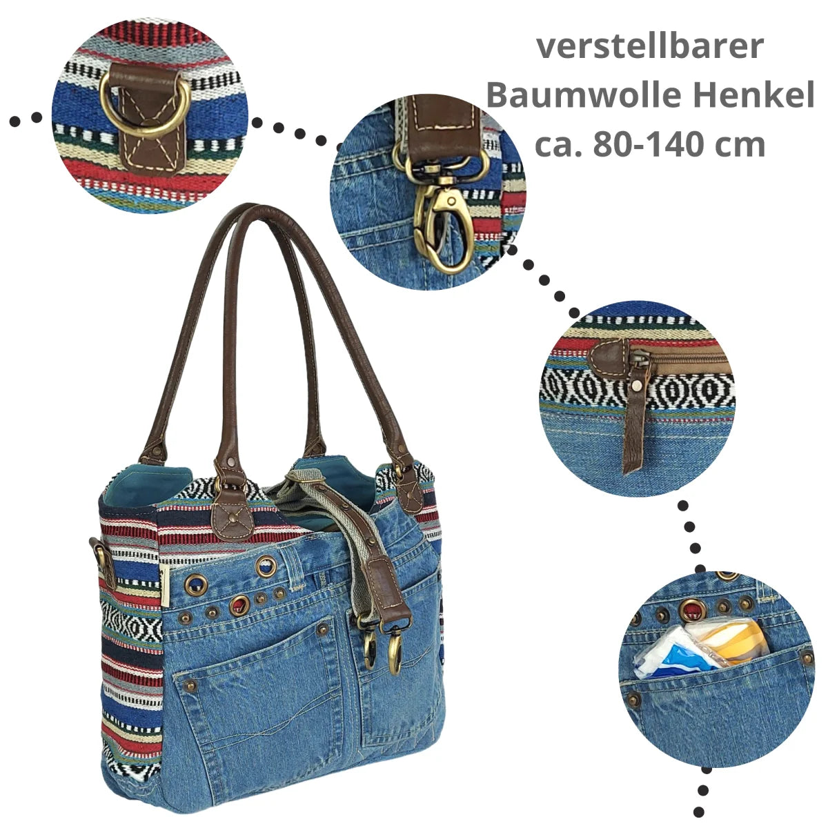 Sunsa Handtasche aus recycelter Jeans & Canvas. Nachhaltige große Schultertasche/ Shopper