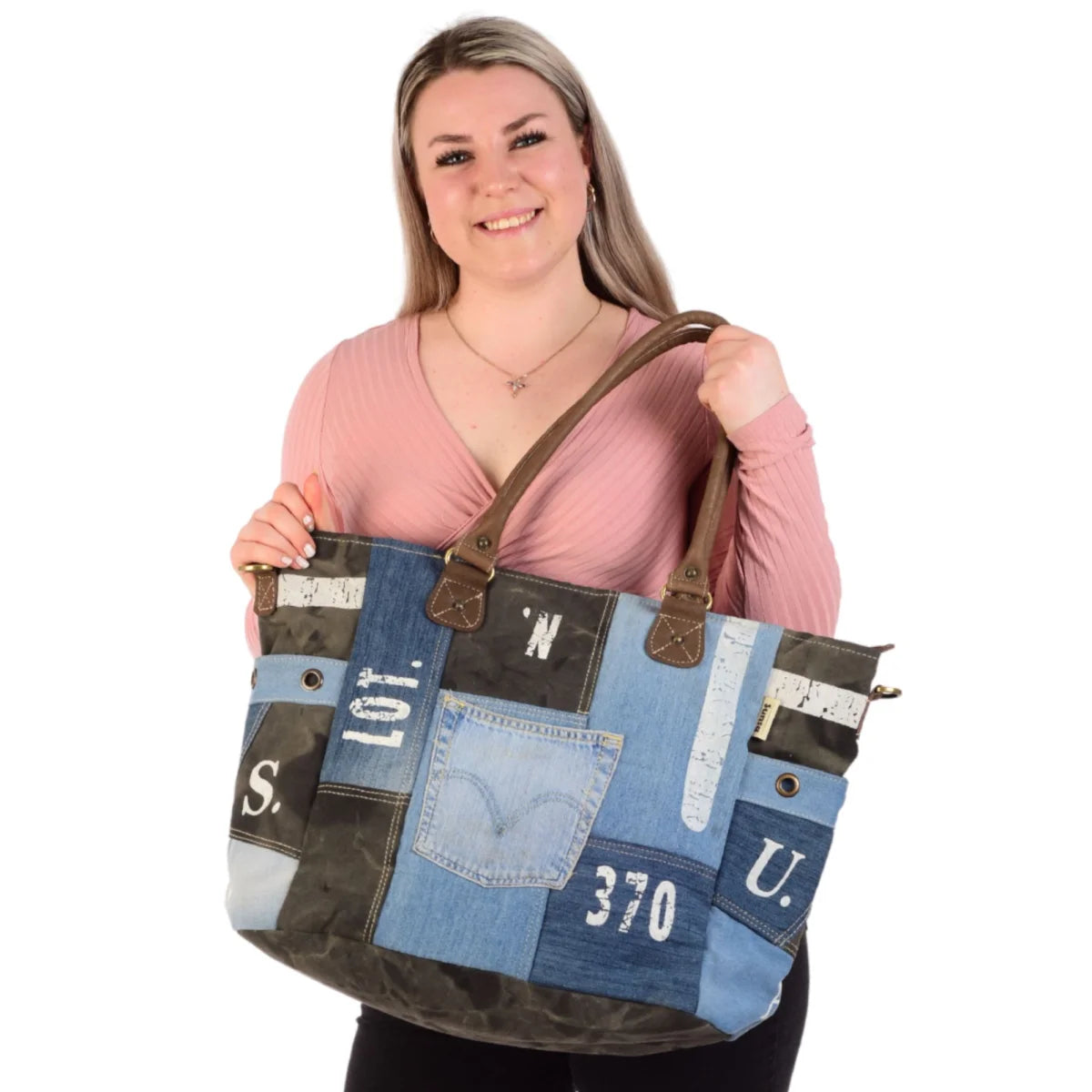 Sunsa XXL Vintage Tasche, Badetasche Weekender Shopper aus recycelte Jeans & Canvas