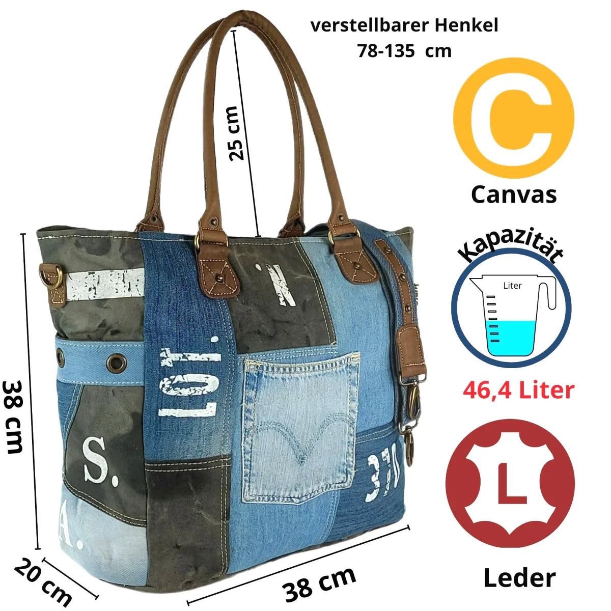 Sunsa XXL Vintage Tasche, Badetasche Weekender Shopper aus recycelte Jeans & Canvas