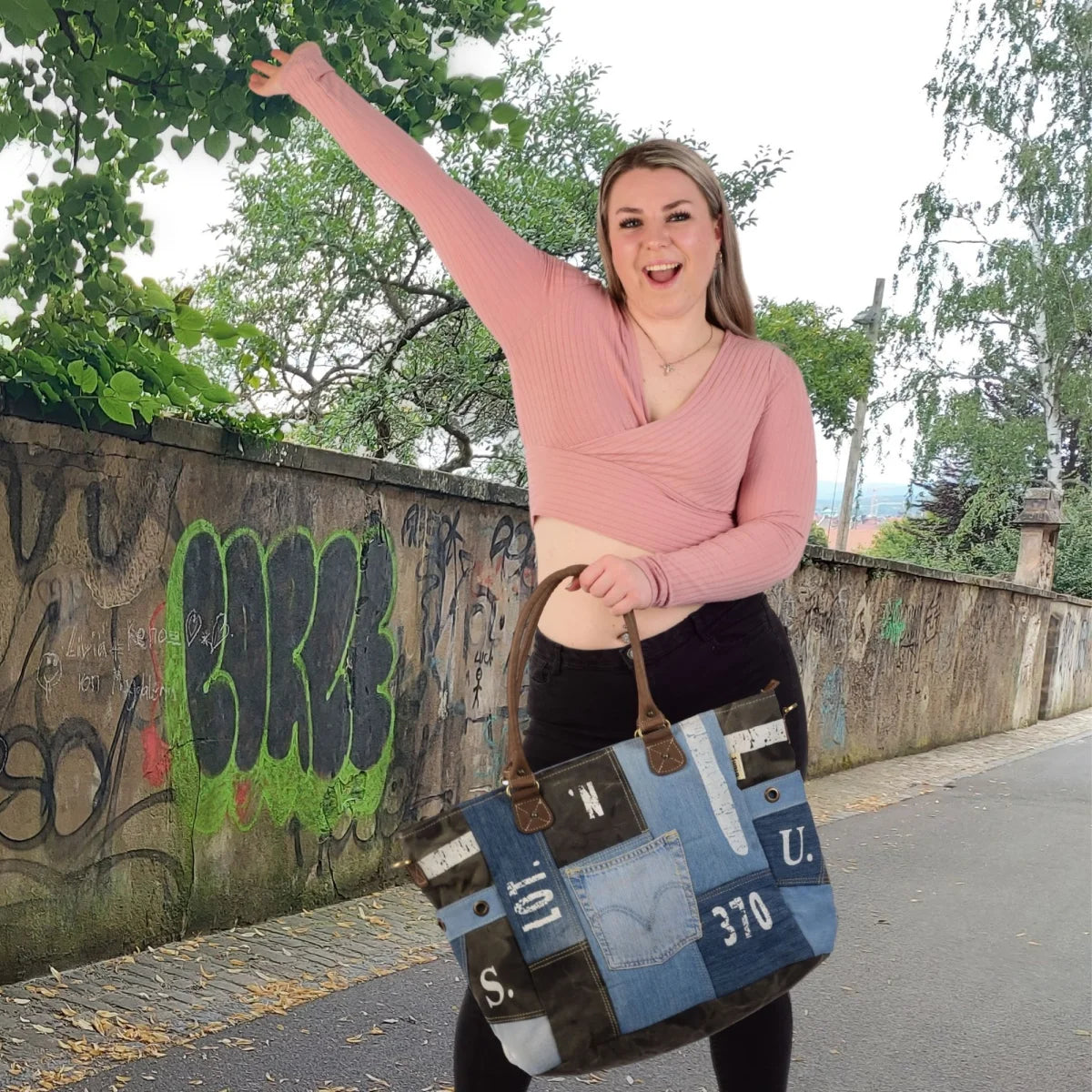 Sunsa XXL Vintage Tasche, Badetasche Weekender Shopper aus recycelte Jeans & Canvas