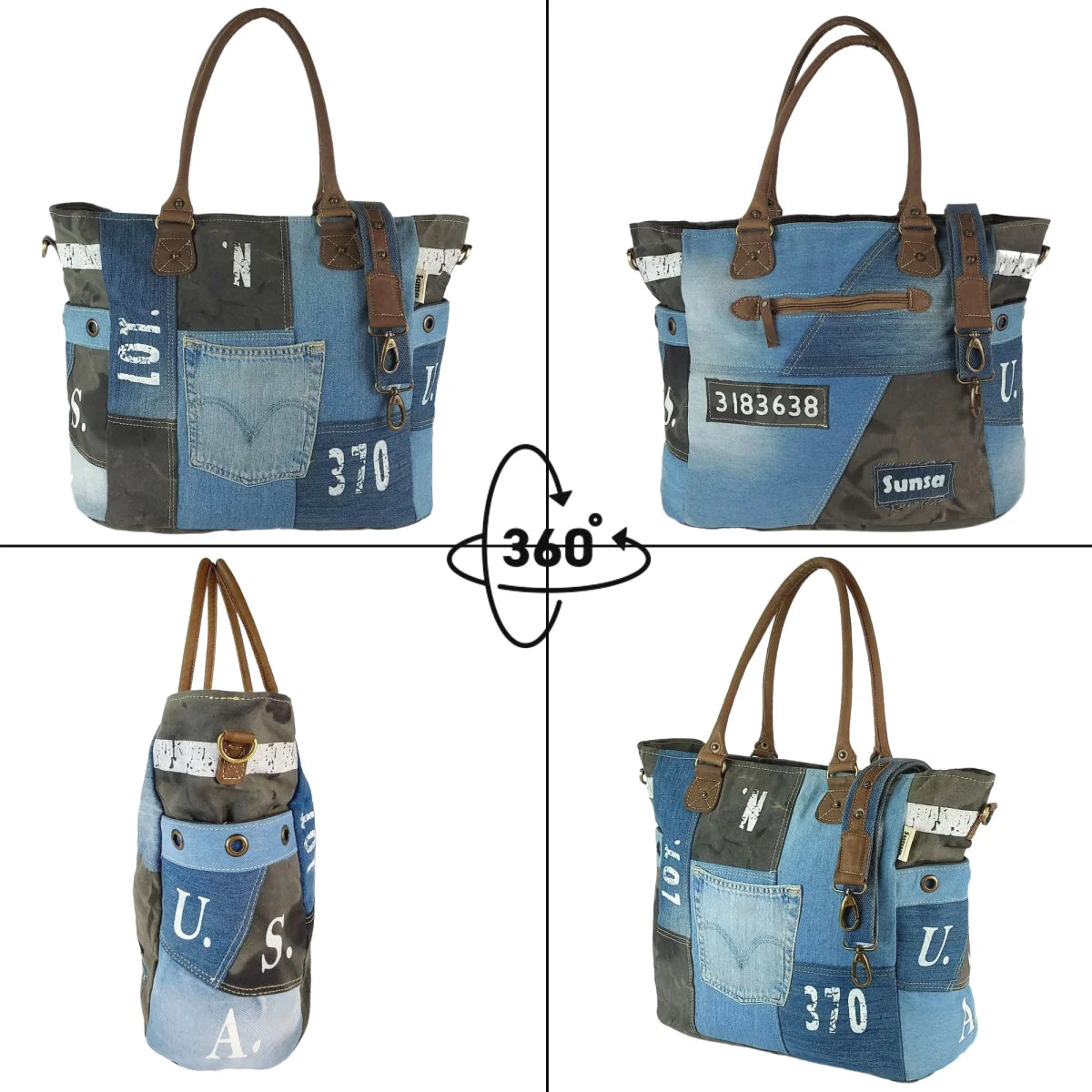 Sunsa XXL Vintage Tasche, Badetasche Weekender Shopper aus recycelte Jeans & Canvas