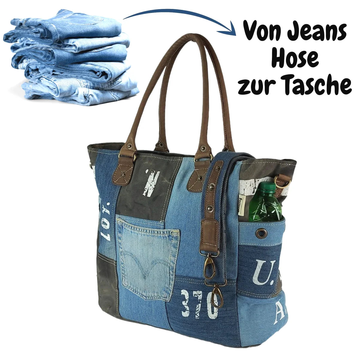 Sunsa XXL Vintage Tasche, Badetasche Weekender Shopper aus recycelte Jeans & Canvas