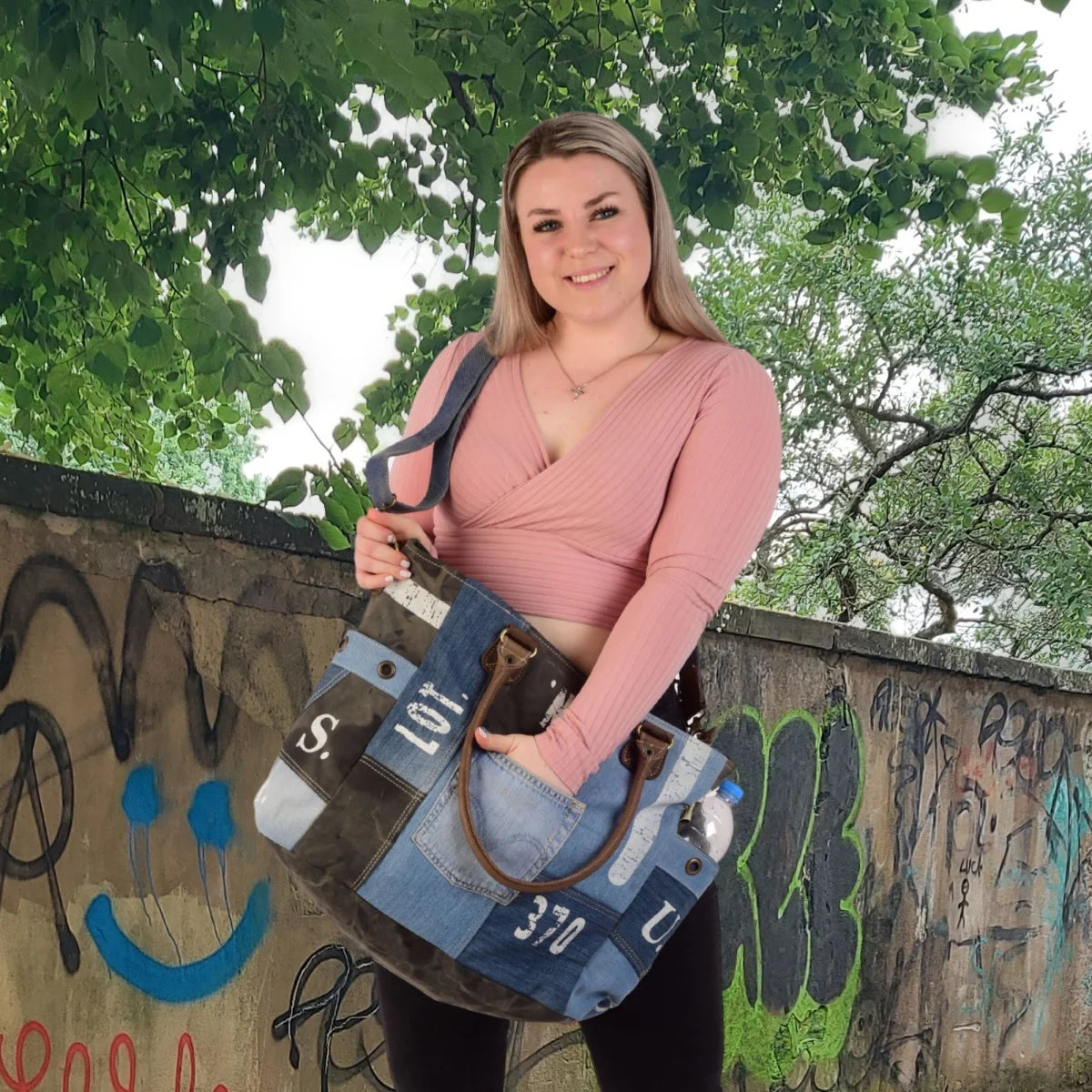 Sunsa XXL Vintage Tasche, Badetasche Weekender Shopper aus recycelte Jeans & Canvas