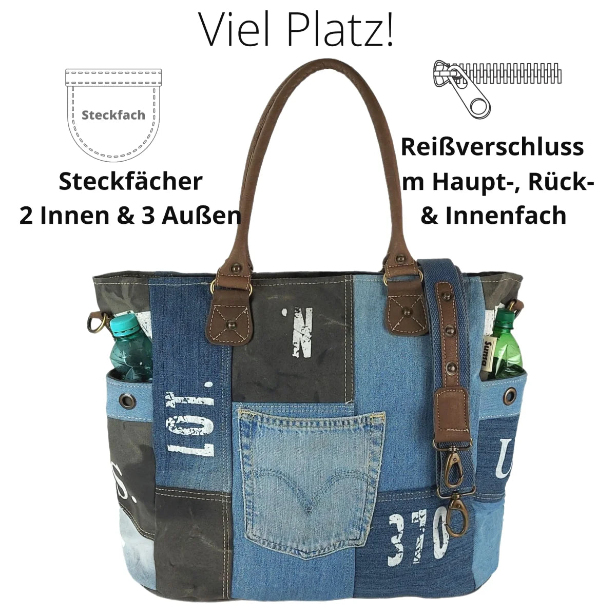 Sunsa XXL Vintage Tasche, Badetasche Weekender Shopper aus recycelte Jeans & Canvas