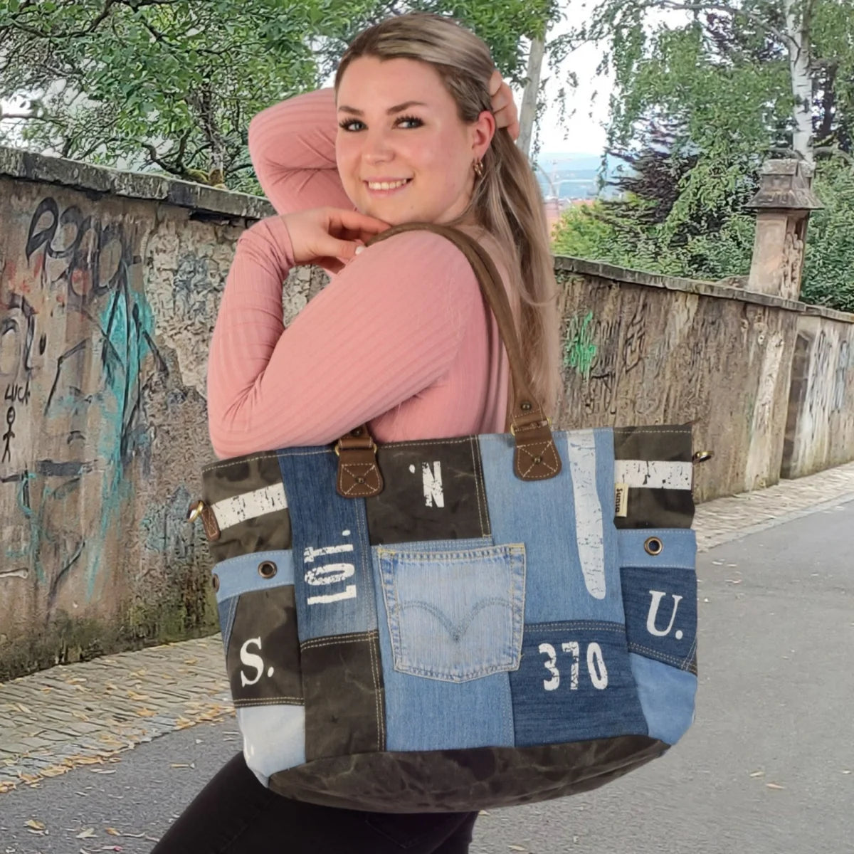 Sunsa XXL Vintage Tasche, Badetasche Weekender Shopper aus recycelte Jeans & Canvas