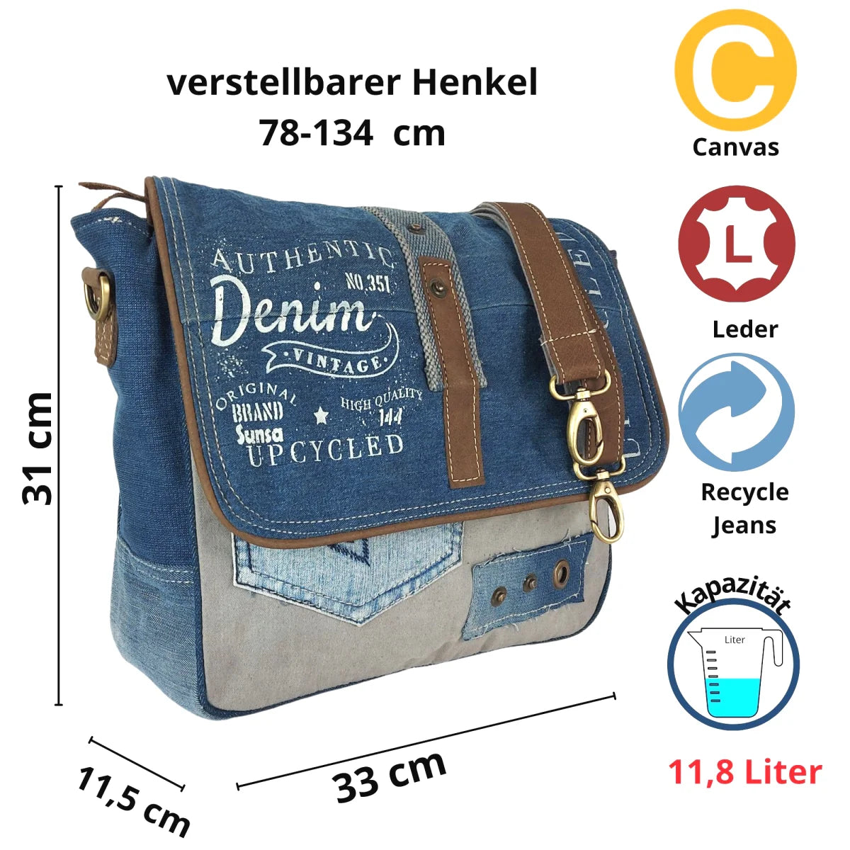 Sunsa Canvas Damen Messengertasche, recycelte Jeans Umhängetasche Der Umwelt zu Liebe