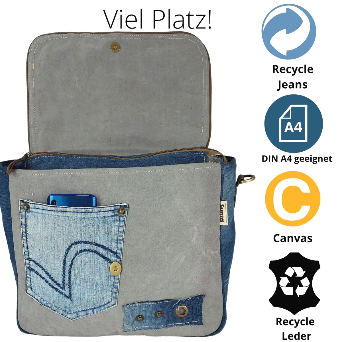 Sunsa Canvas Damen Messengertasche, recycelte Jeans Umhängetasche Der Umwelt zu Liebe