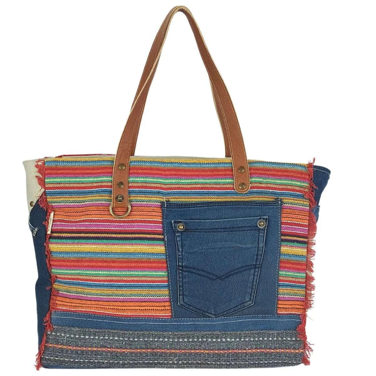 Sunsa XXL Handtasche aus recycelte Jeans, canvas & Leder. Nachhaltige Schultertasche. Shopper mit Streifen Design - HOLE-X-WORLD