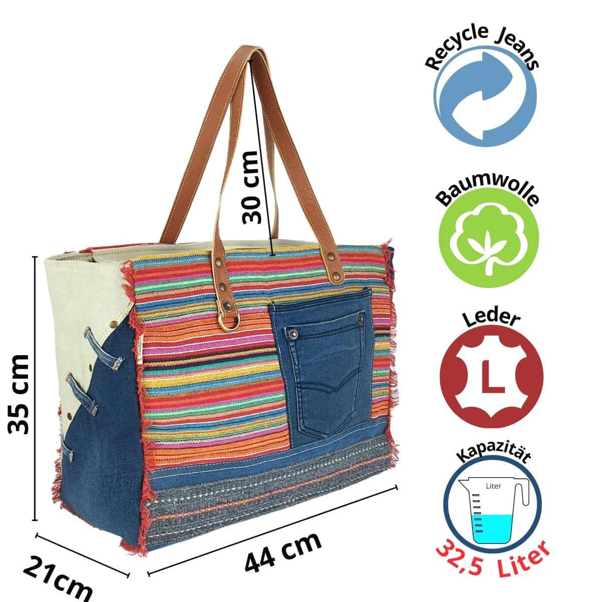 Sunsa XXL Handtasche aus recycelte Jeans, canvas & Leder. Nachhaltige Schultertasche. Shopper mit Streifen Design - HOLE-X-WORLD