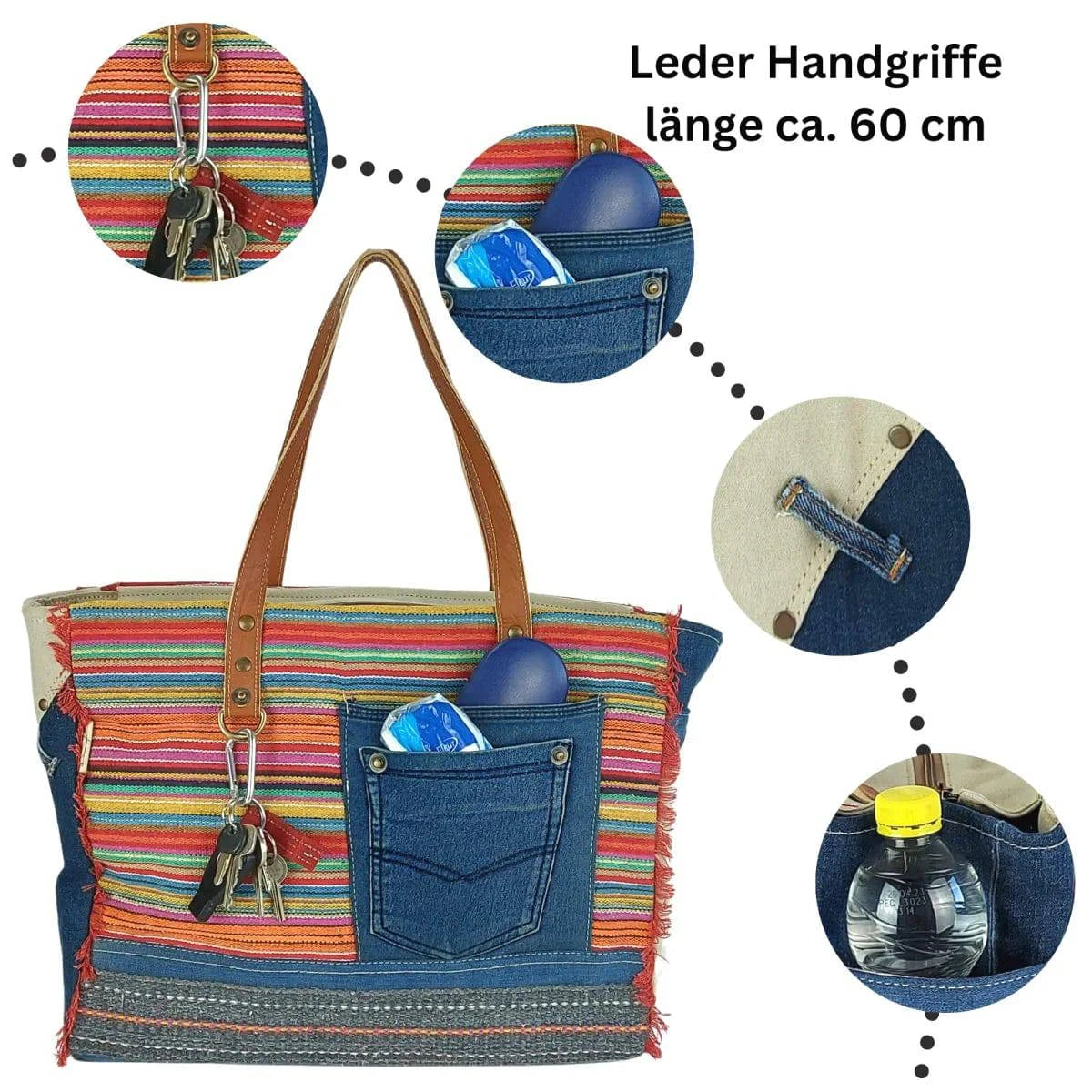 Sunsa XXL Handtasche aus recycelte Jeans, canvas & Leder. Nachhaltige Schultertasche. Shopper mit Streifen Design - HOLE-X-WORLD