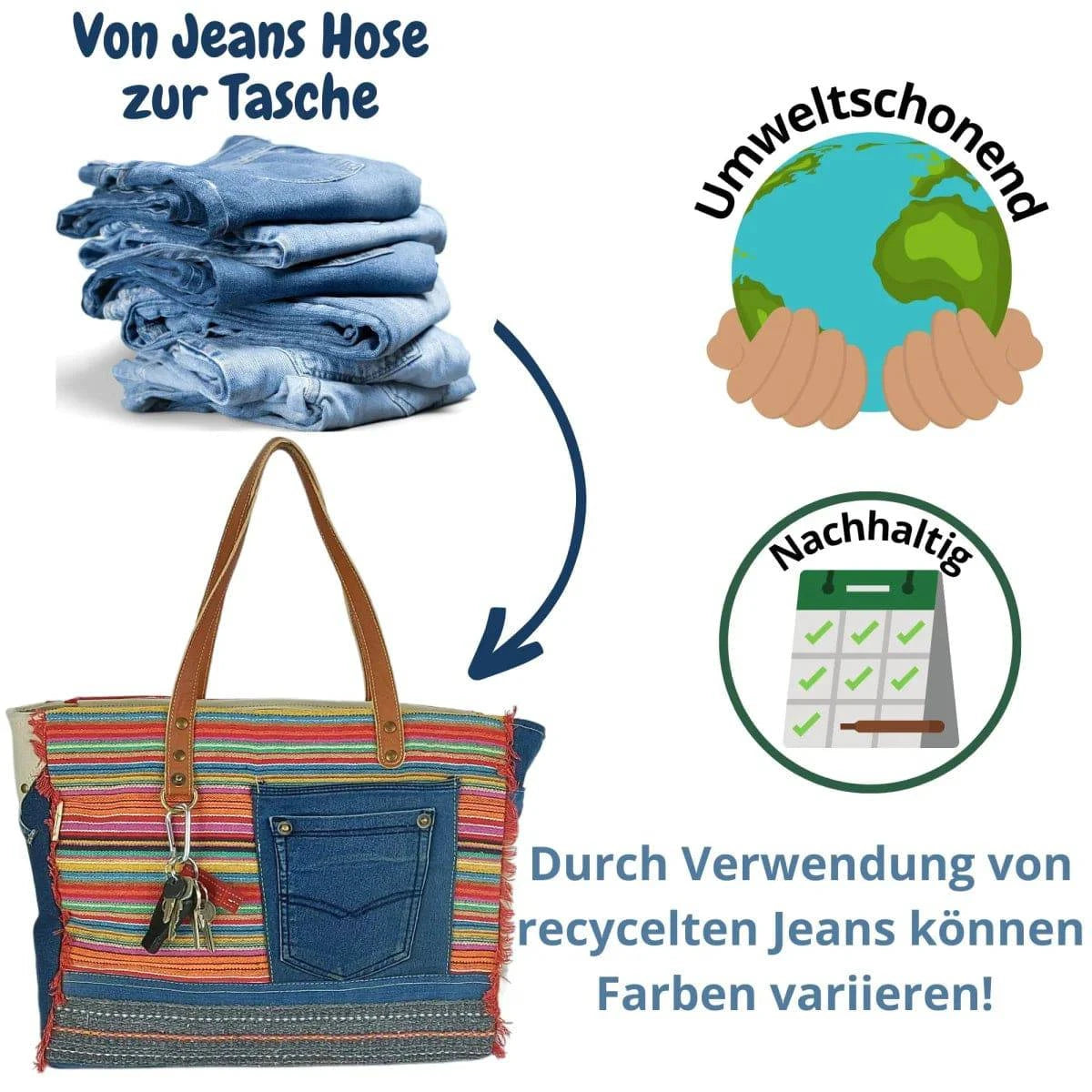 Sunsa XXL Handtasche aus recycelte Jeans, canvas & Leder. Nachhaltige Schultertasche. Shopper mit Streifen Design - HOLE-X-WORLD