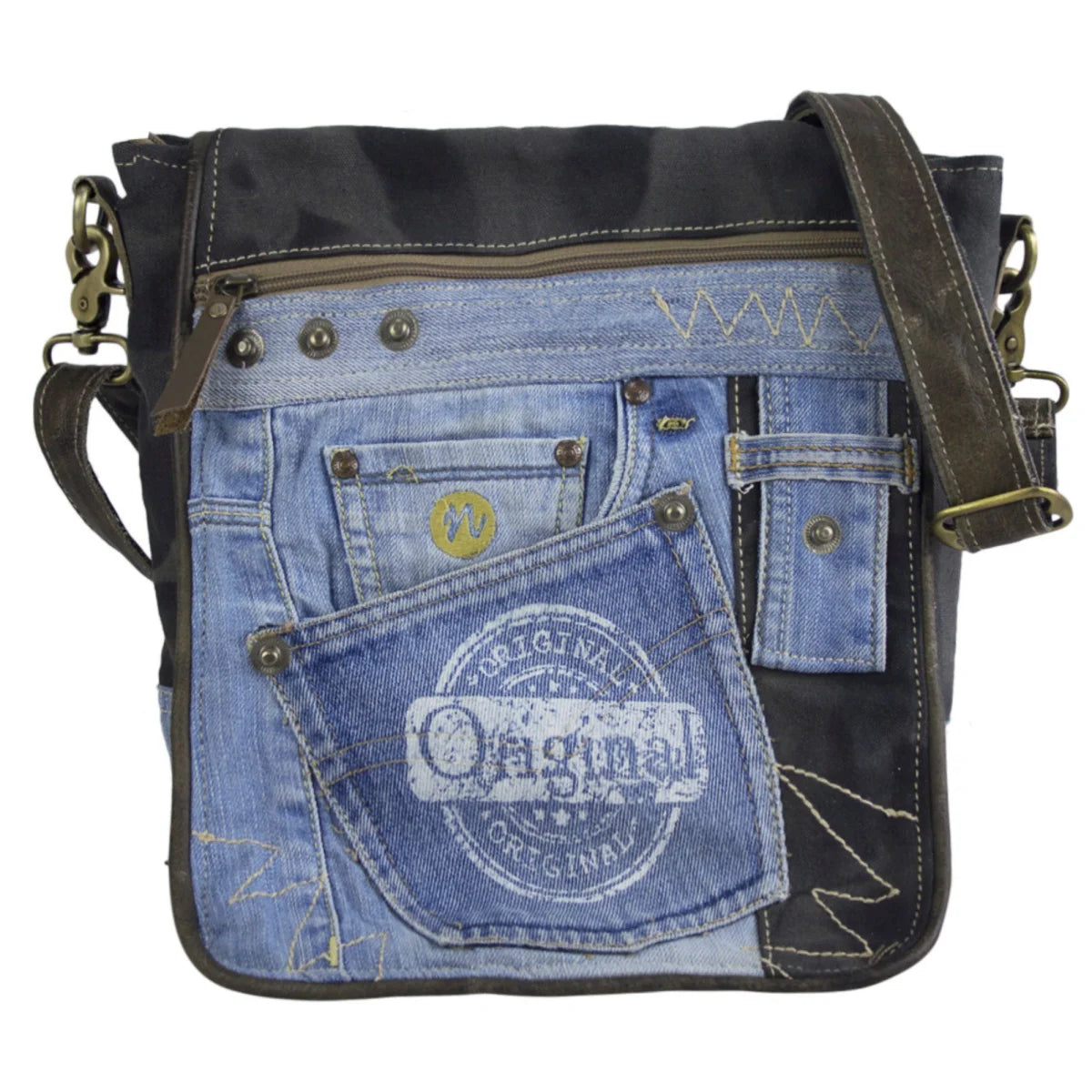 Sunsa Messenger Umhängetasche aus recycelter Jeans & schwarze Canvas. Nachhaltige Tasche