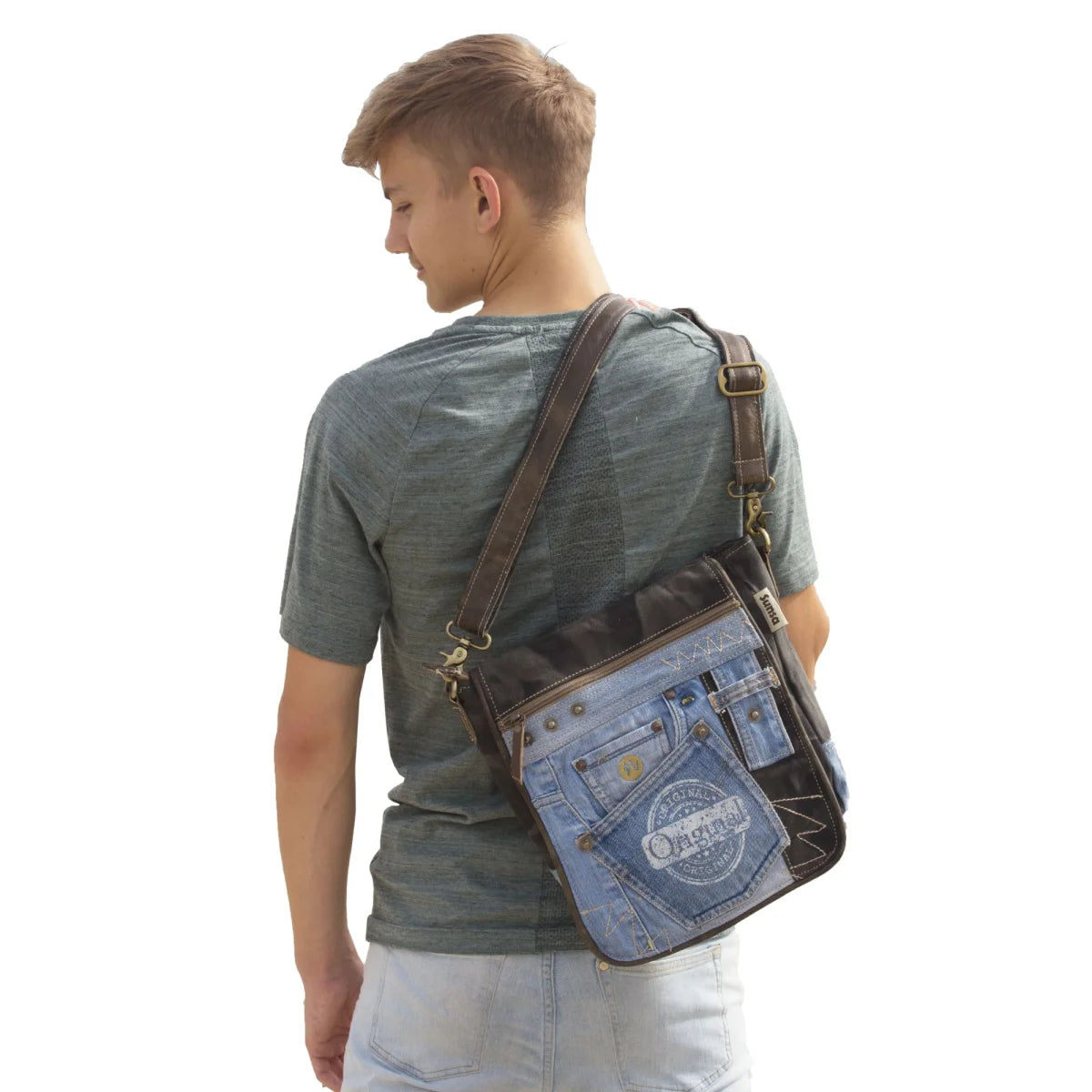 Sunsa Messenger Umhängetasche aus recycelter Jeans & schwarze Canvas. Nachhaltige Tasche