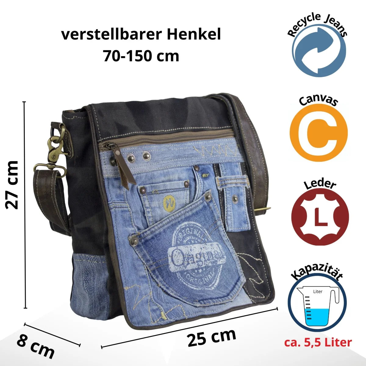 Sunsa Messenger Umhängetasche aus recycelter Jeans & schwarze Canvas. Nachhaltige Tasche