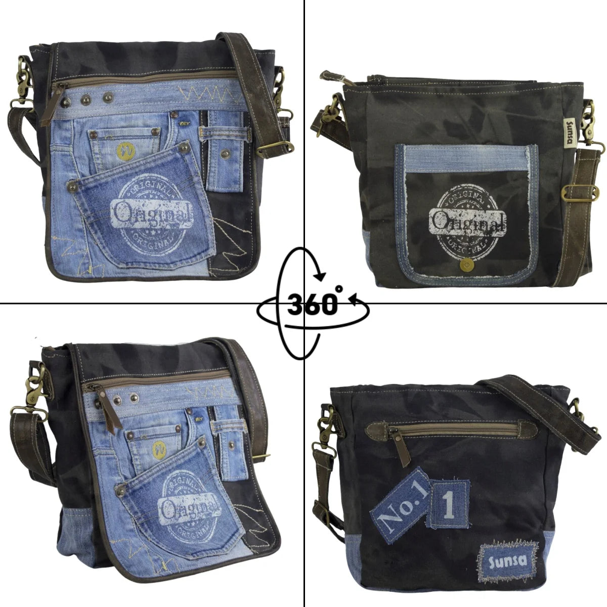 Sunsa Messenger Umhängetasche aus recycelter Jeans & schwarze Canvas. Nachhaltige Tasche