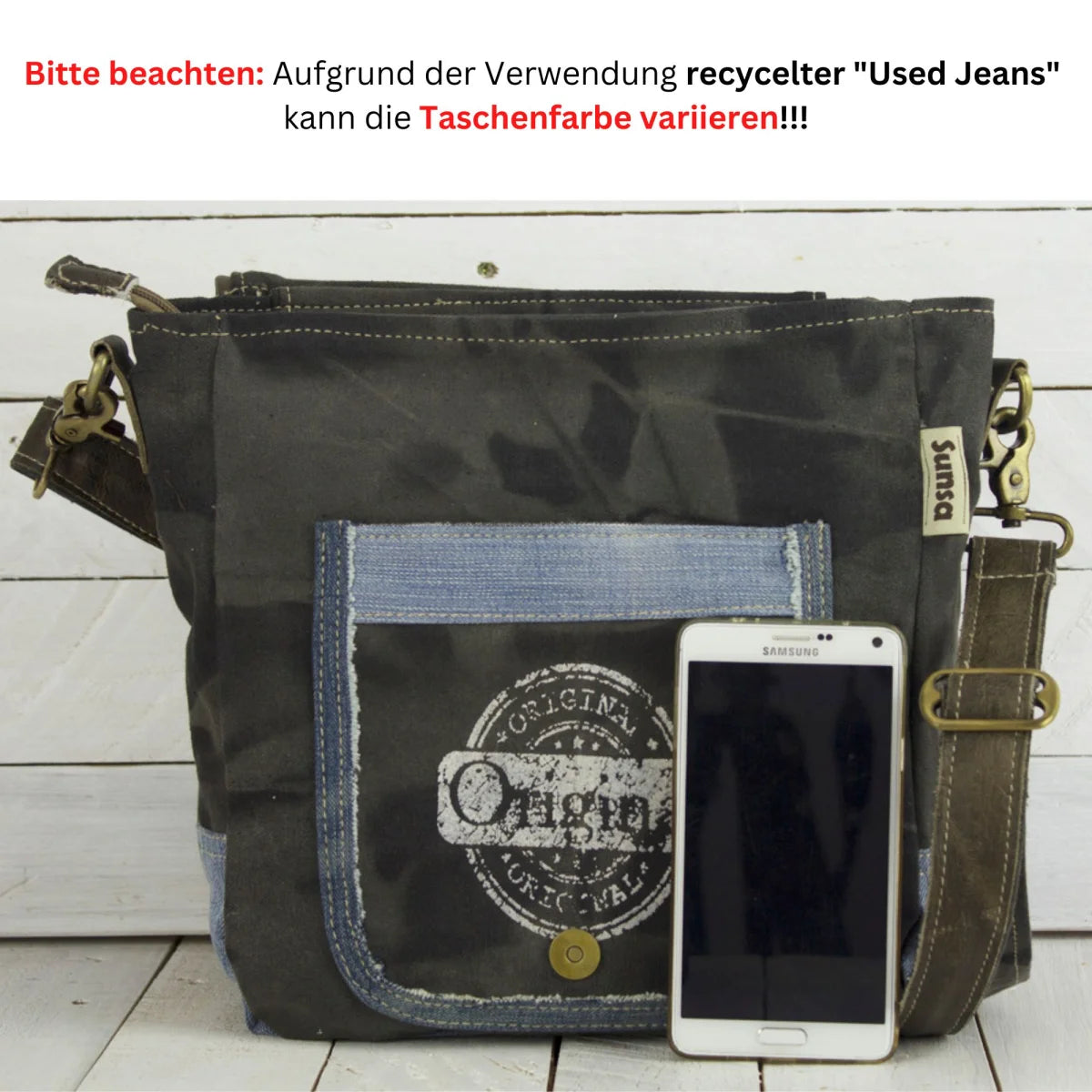 Sunsa Messenger Umhängetasche aus recycelter Jeans & schwarze Canvas. Nachhaltige Tasche