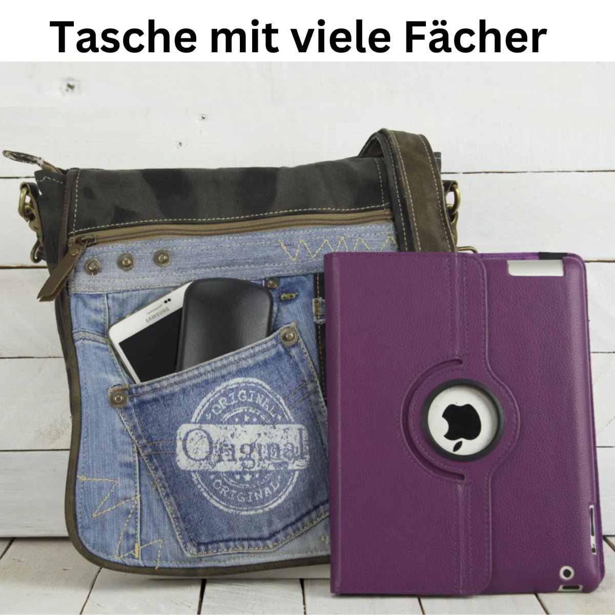 Sunsa Messenger Umhängetasche aus recycelter Jeans & schwarze Canvas. Nachhaltige Tasche