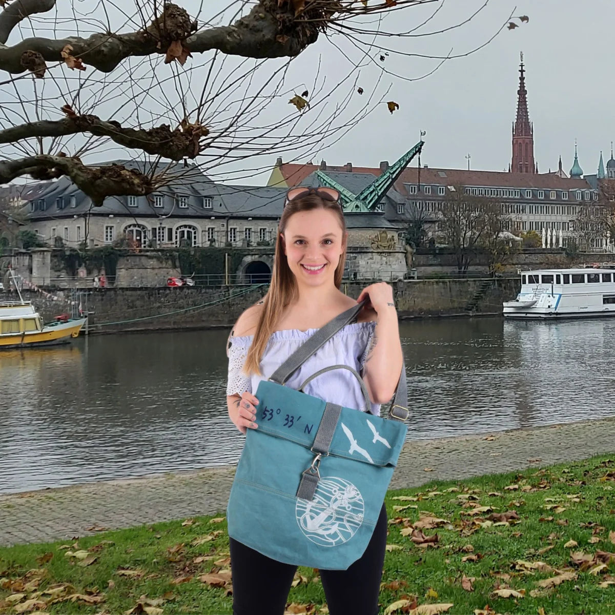 Sunsa Damen Umhängetasche. Canvas Schultasche. Vegane Tasche mit Maritim- Motiv