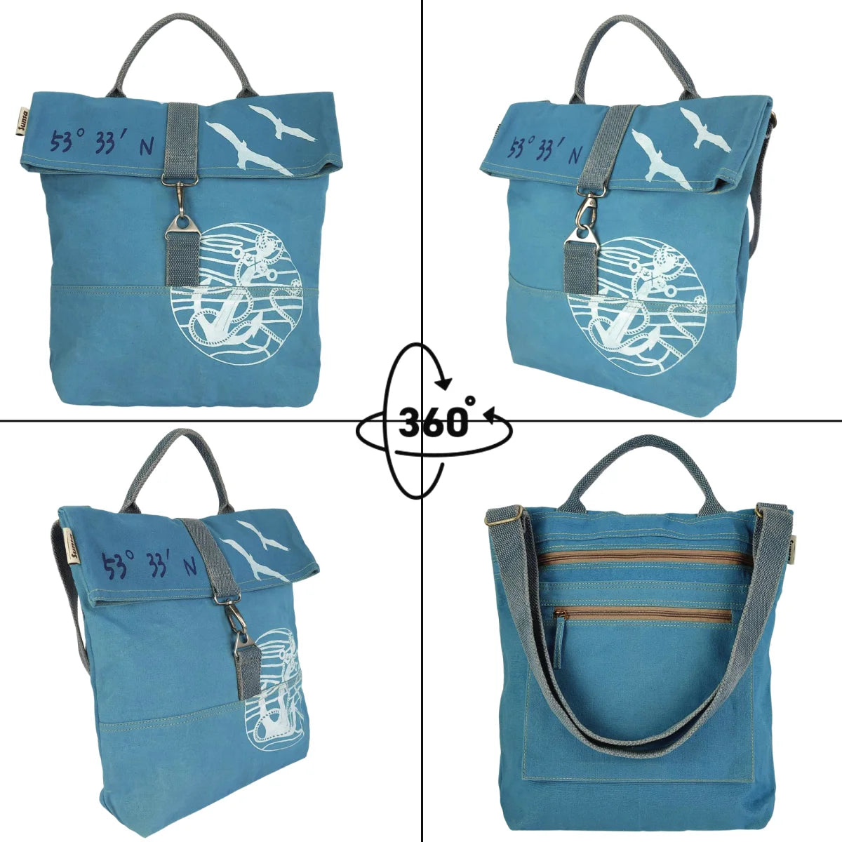 Sunsa Damen Umhängetasche. Canvas Schultasche. Vegane Tasche mit Maritim- Motiv