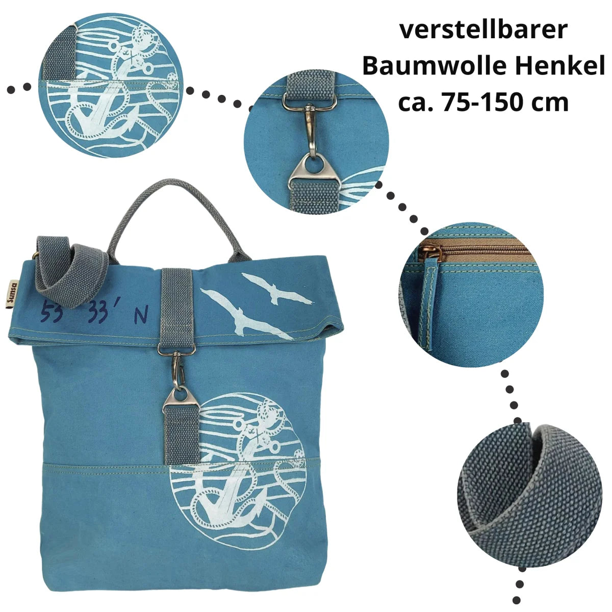 Sunsa Damen Umhängetasche. Canvas Schultasche. Vegane Tasche mit Maritim- Motiv