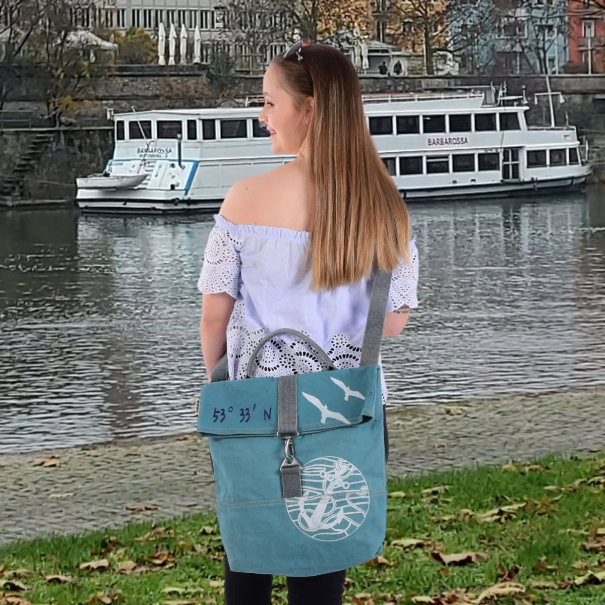 Sunsa Damen Umhängetasche. Canvas Schultasche. Vegane Tasche mit Maritim- Motiv