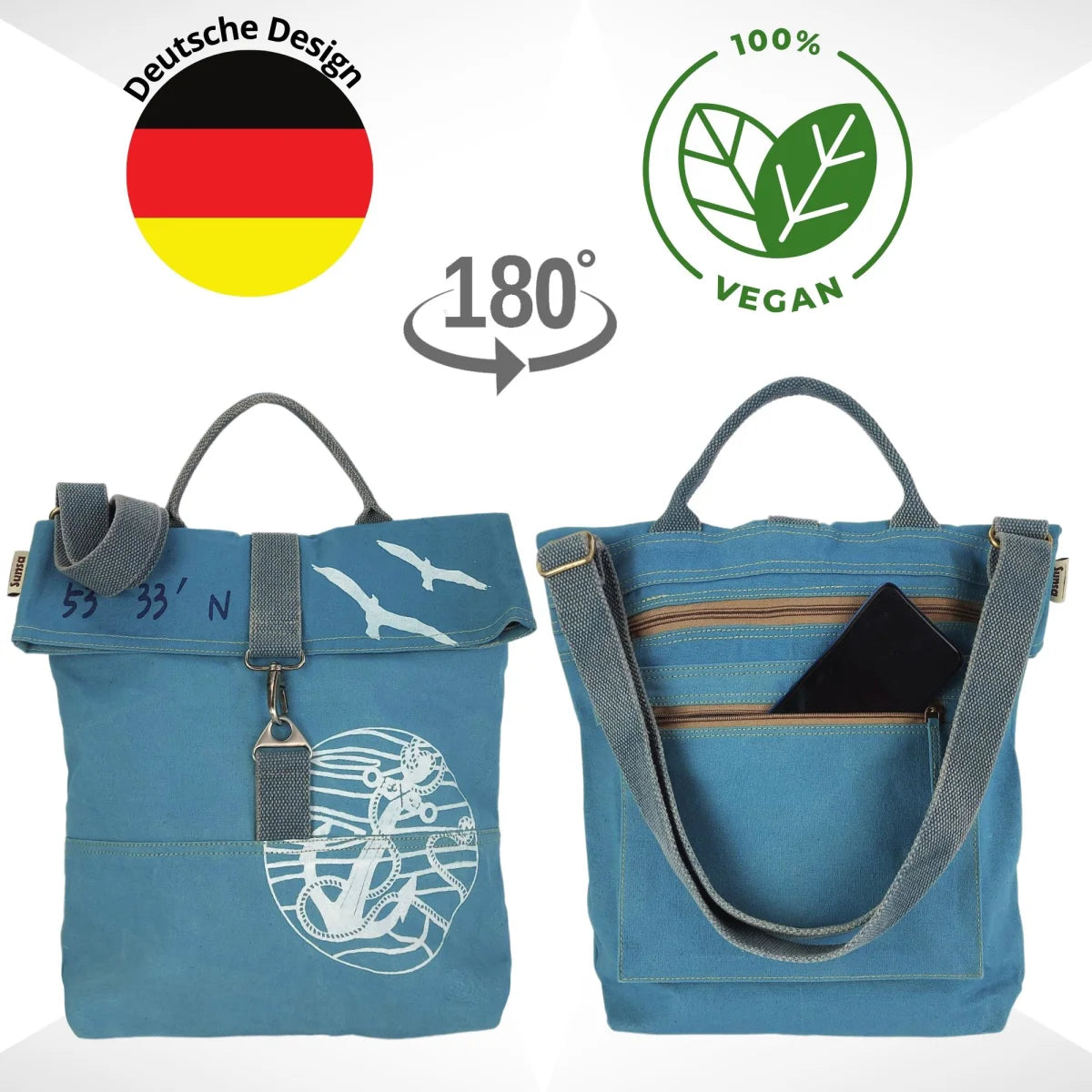 Sunsa Damen Umhängetasche. Canvas Schultasche. Vegane Tasche mit Maritim- Motiv