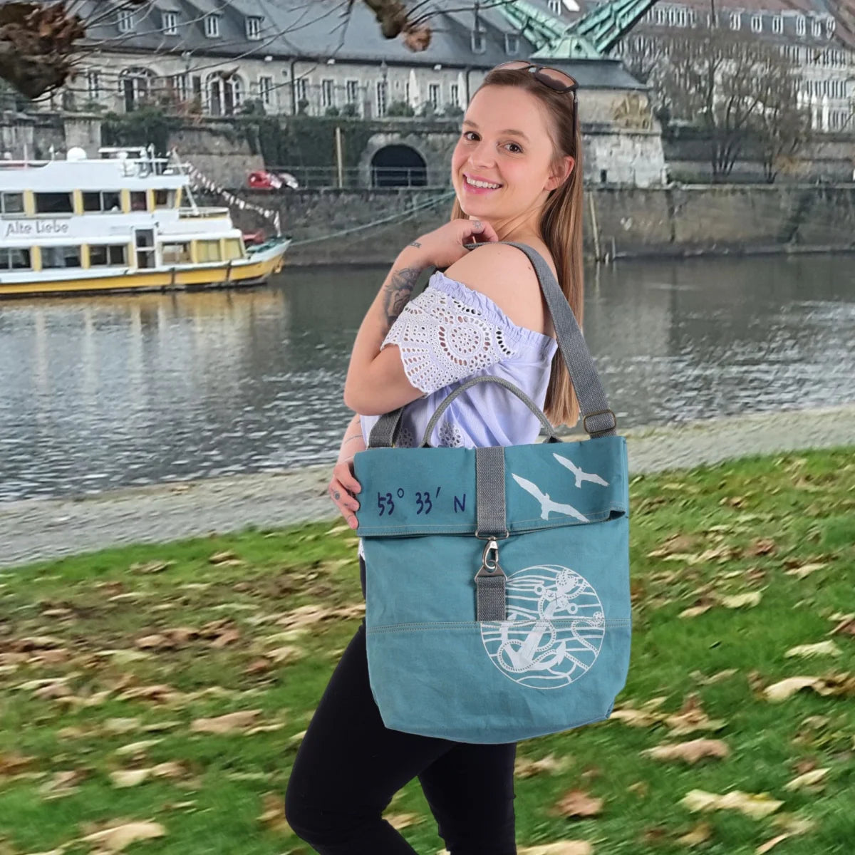 Sunsa Damen Umhängetasche. Canvas Schultasche. Vegane Tasche mit Maritim- Motiv