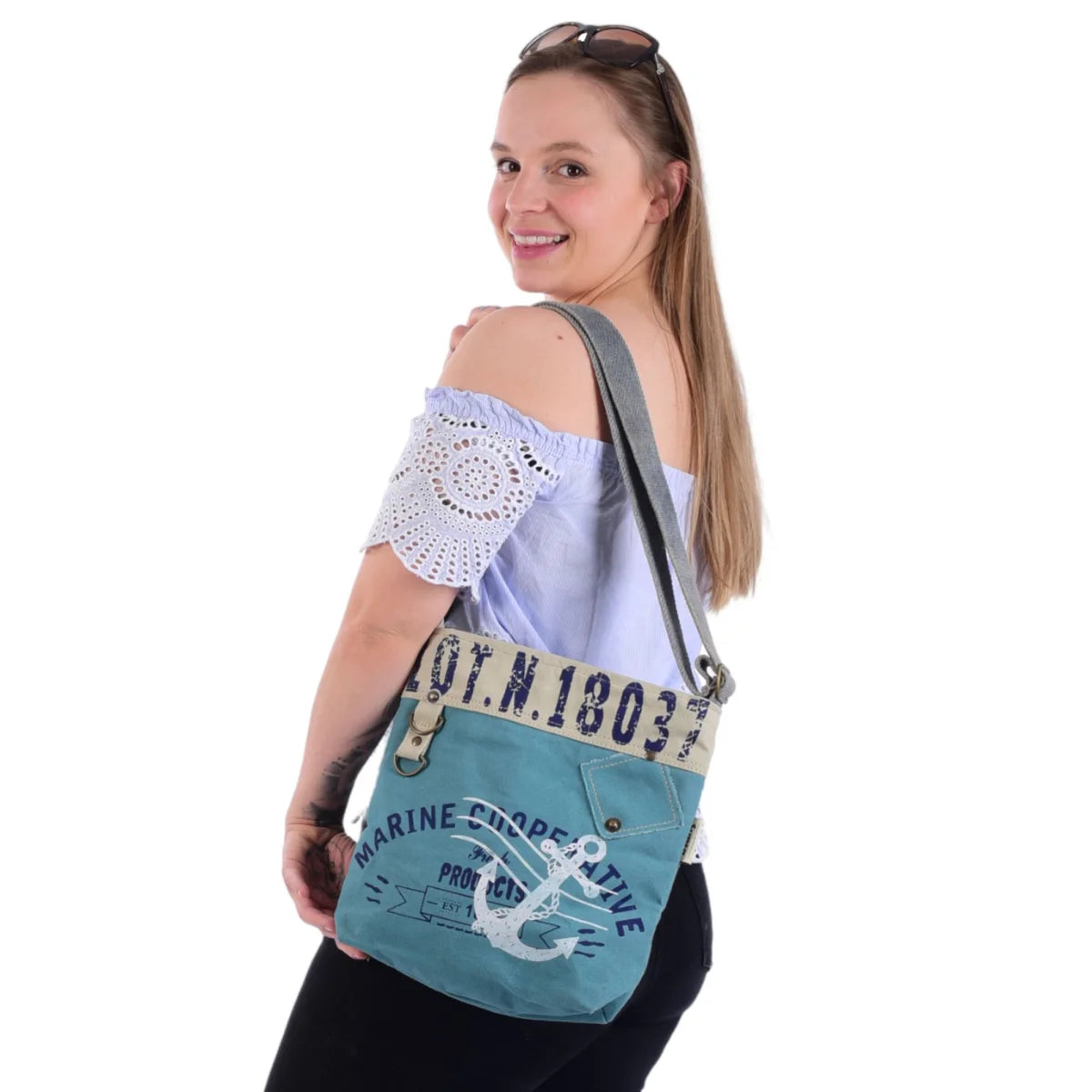 Sunsa Damen Umhängeasche, Vegane Crossover bag aus Canvas.Tasche mit Maritim-Motiv