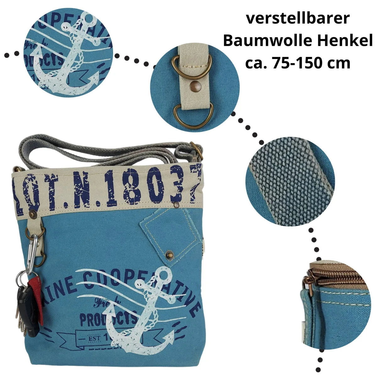 Sunsa Damen Umhängeasche, Vegane Crossover bag aus Canvas.Tasche mit Maritim-Motiv