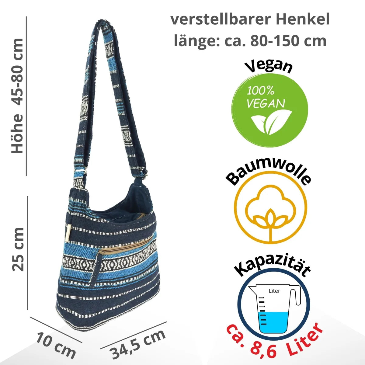 Sunsa Hobo Tasche. Gestreifte Baumwolle Umhängetasche. Vegane Schultertasche. Crossbody bag