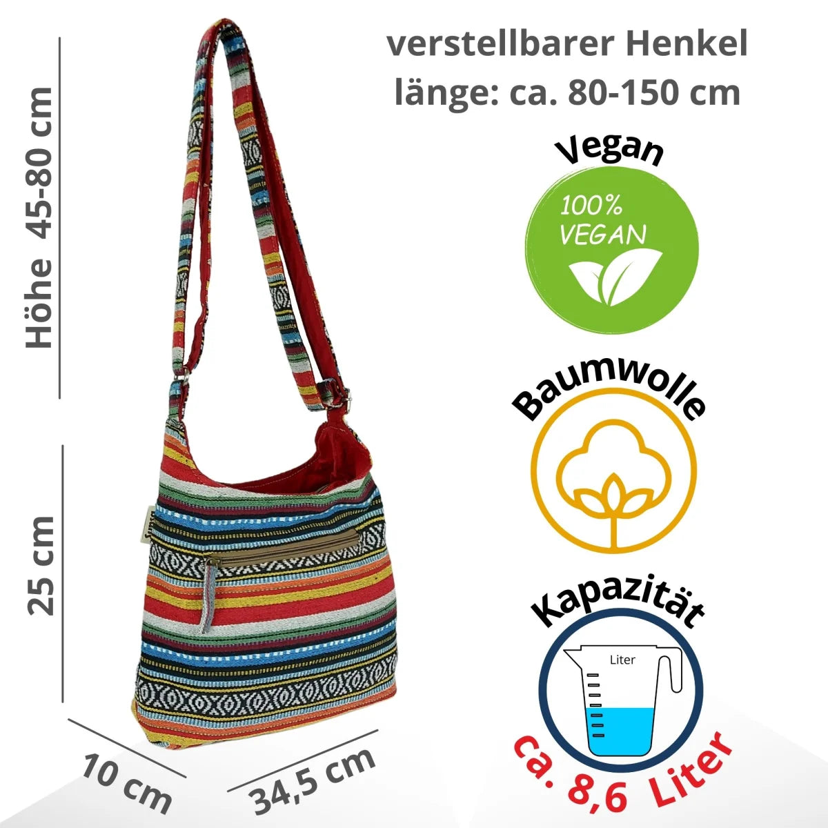 Sunsa Hobo Tasche. Gestreifte Baumwolle Umhängetasche. Vegane Schultertasche. Crossbody bag