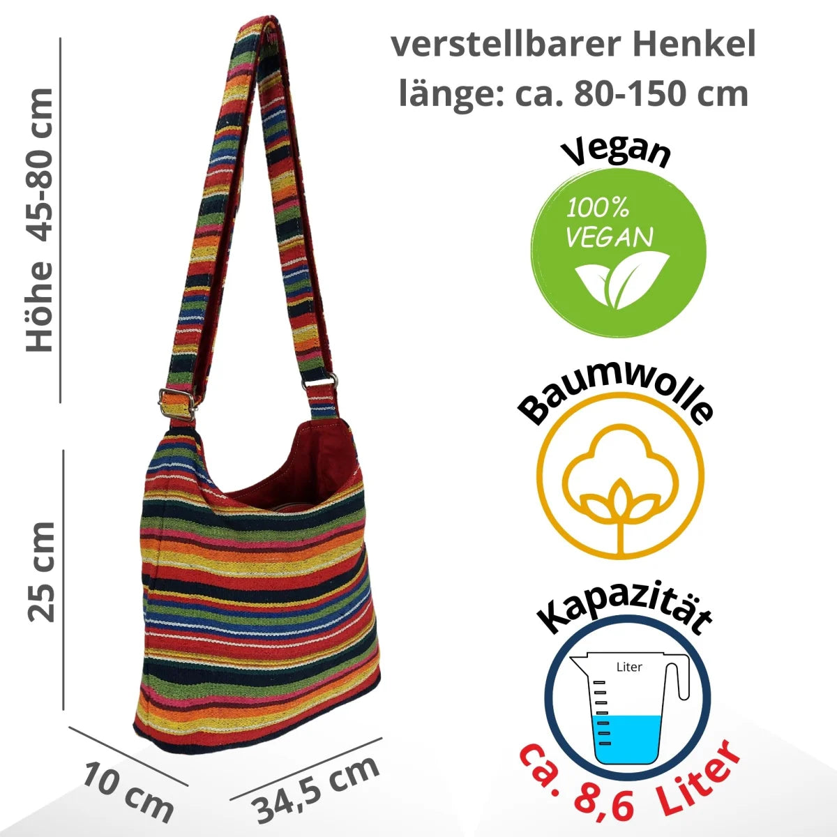 Sunsa Hobo Tasche. Gestreifte Baumwolle Umhängetasche. Vegane Schultertasche. Crossbody bag