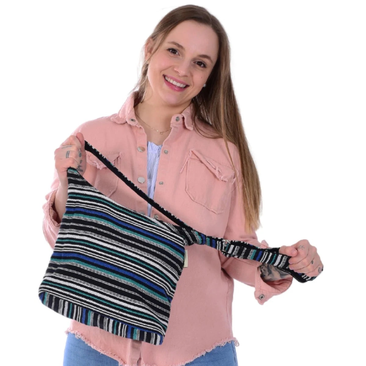 Sunsa Hobo Tasche. Gestreifte Baumwolle Umhängetasche. Vegane Schultertasche. Crossbody bag