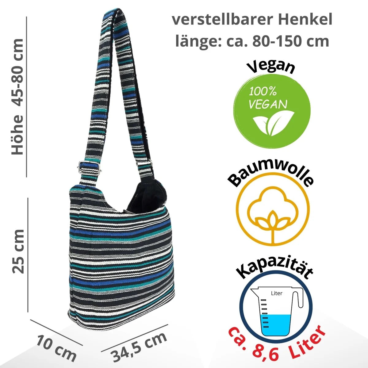 Sunsa Hobo Tasche. Gestreifte Baumwolle Umhängetasche. Vegane Schultertasche. Crossbody bag