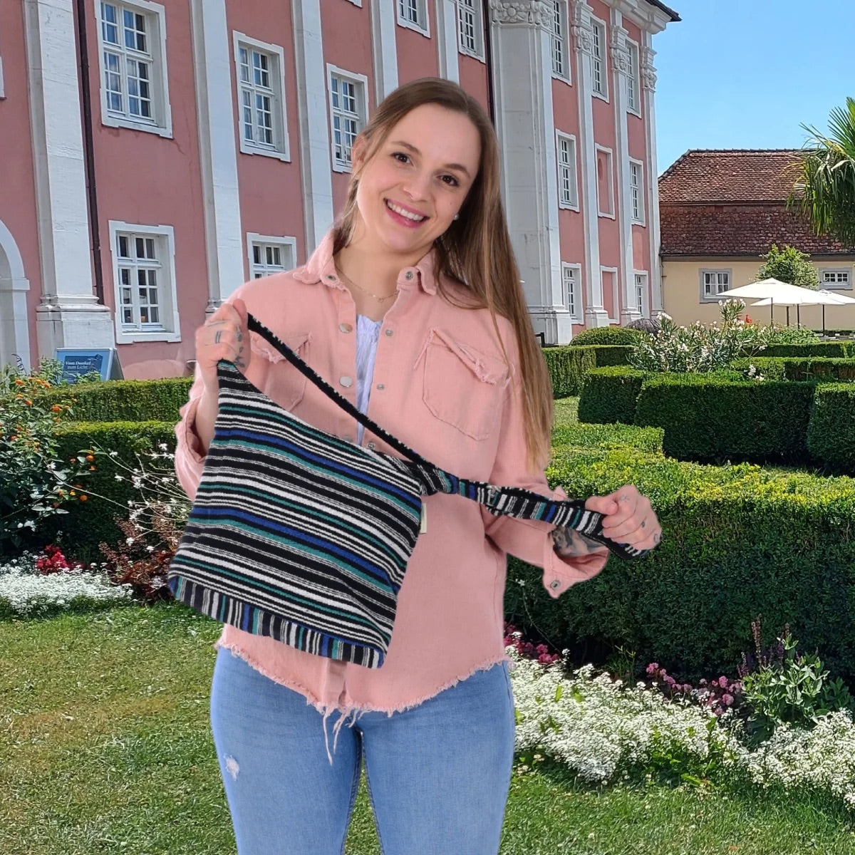 Sunsa Hobo Tasche. Gestreifte Baumwolle Umhängetasche. Vegane Schultertasche. Crossbody bag