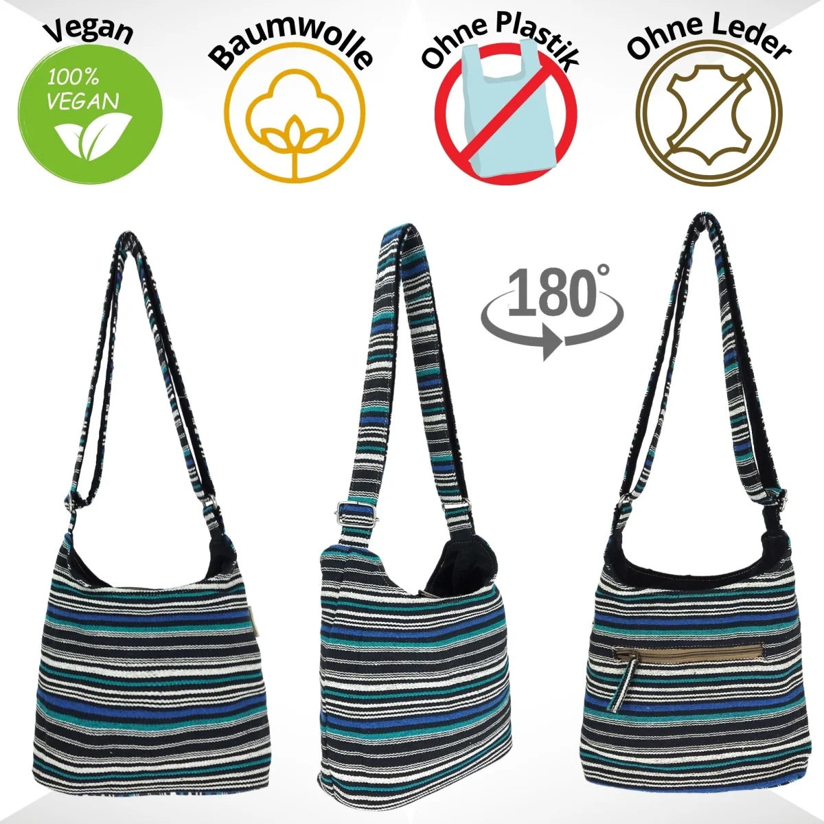 Sunsa Hobo Tasche. Gestreifte Baumwolle Umhängetasche. Vegane Schultertasche. Crossbody bag