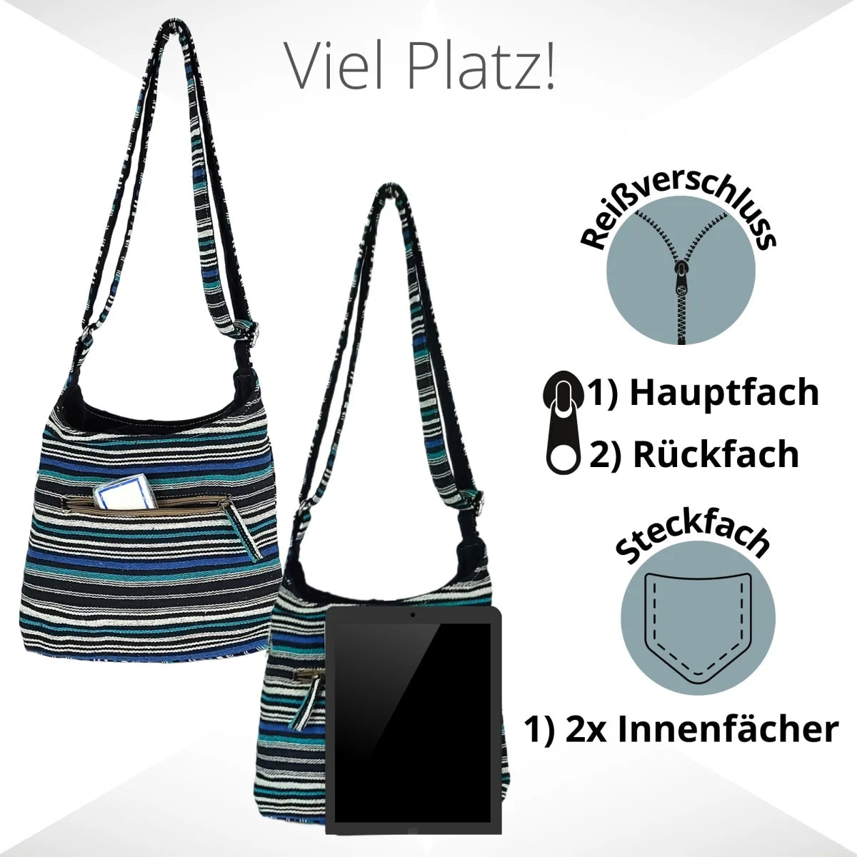 Sunsa Hobo Tasche. Gestreifte Baumwolle Umhängetasche. Vegane Schultertasche. Crossbody bag