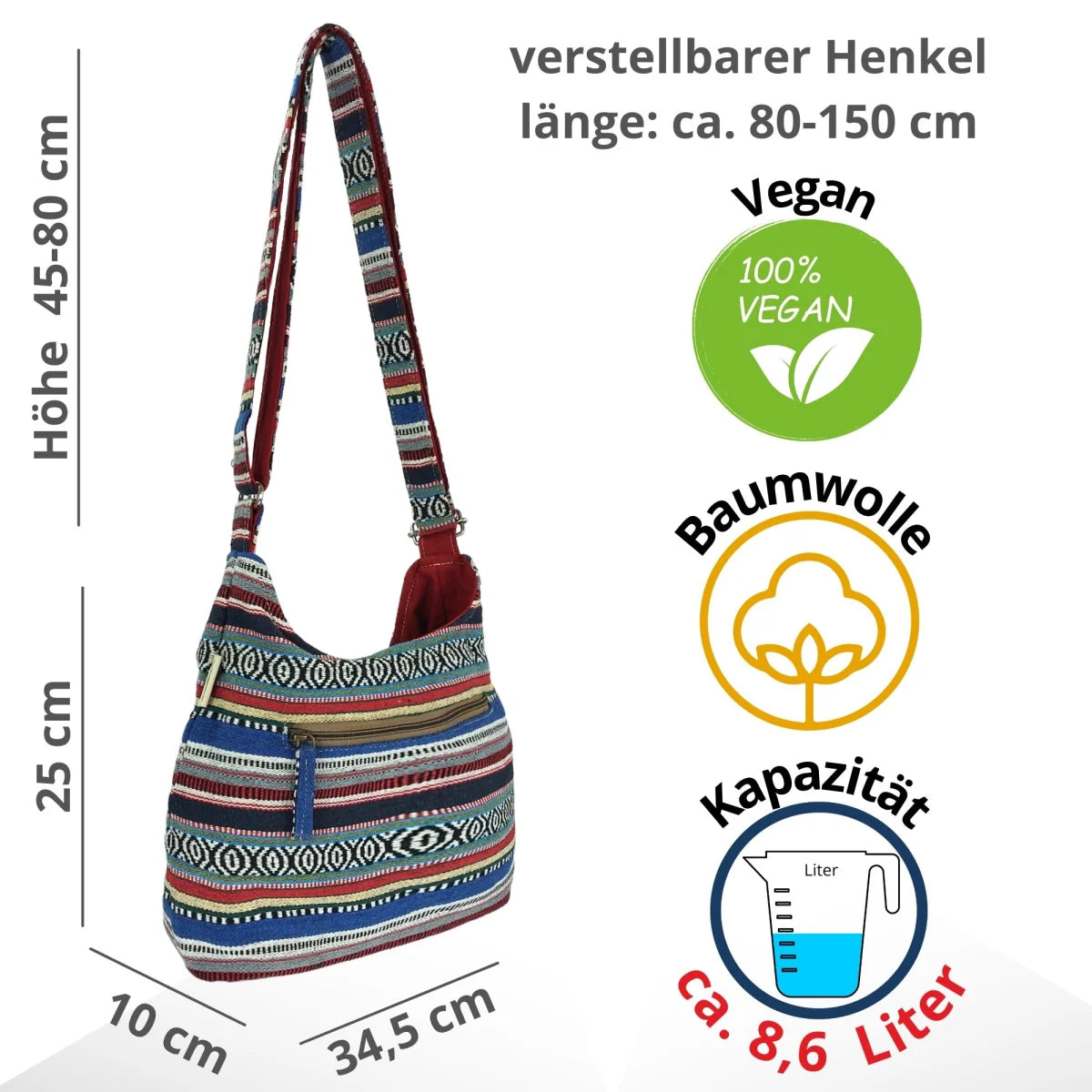 Sunsa Hobo Tasche. Gestreifte Baumwolle Umhängetasche. Vegane Schultertasche. Crossbody bag