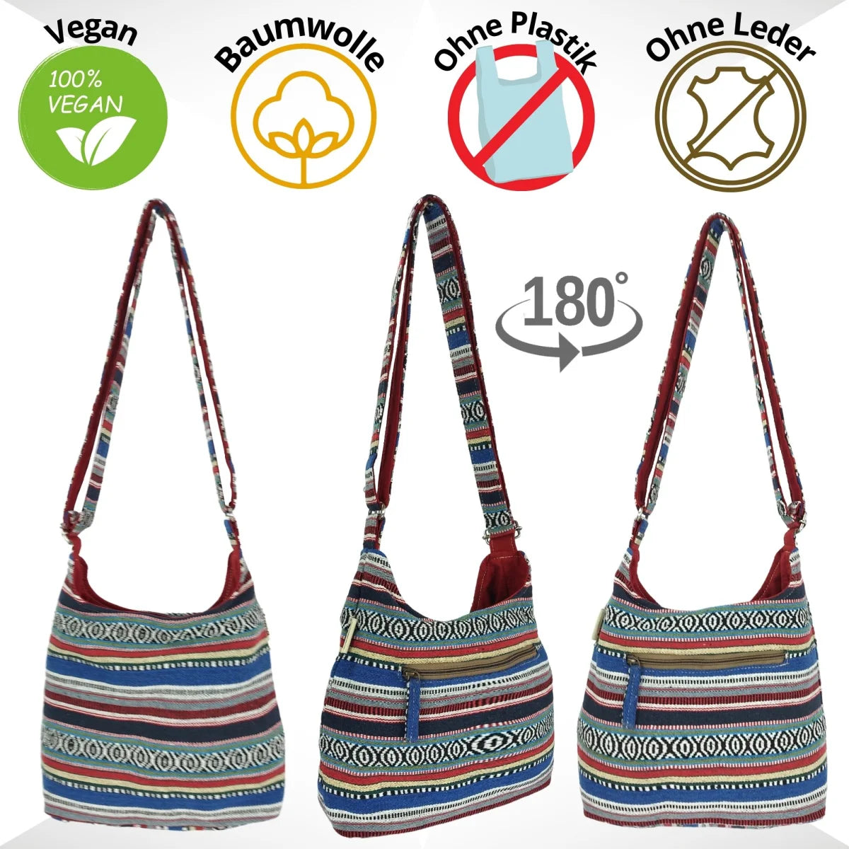 Sunsa Hobo Tasche. Gestreifte Baumwolle Umhängetasche. Vegane Schultertasche. Crossbody bag