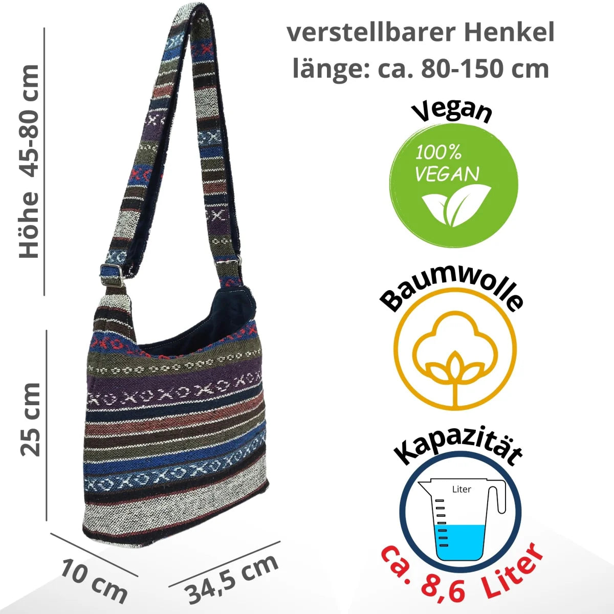 Sunsa Hobo Tasche. Gestreifte Baumwolle Umhängetasche. Vegane Schultertasche. Crossbody bag