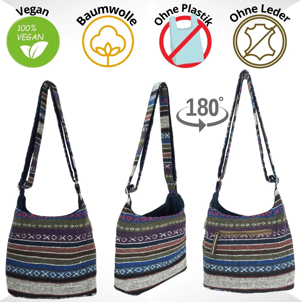 Sunsa Hobo Tasche. Gestreifte Baumwolle Umhängetasche. Vegane Schultertasche. Crossbody bag