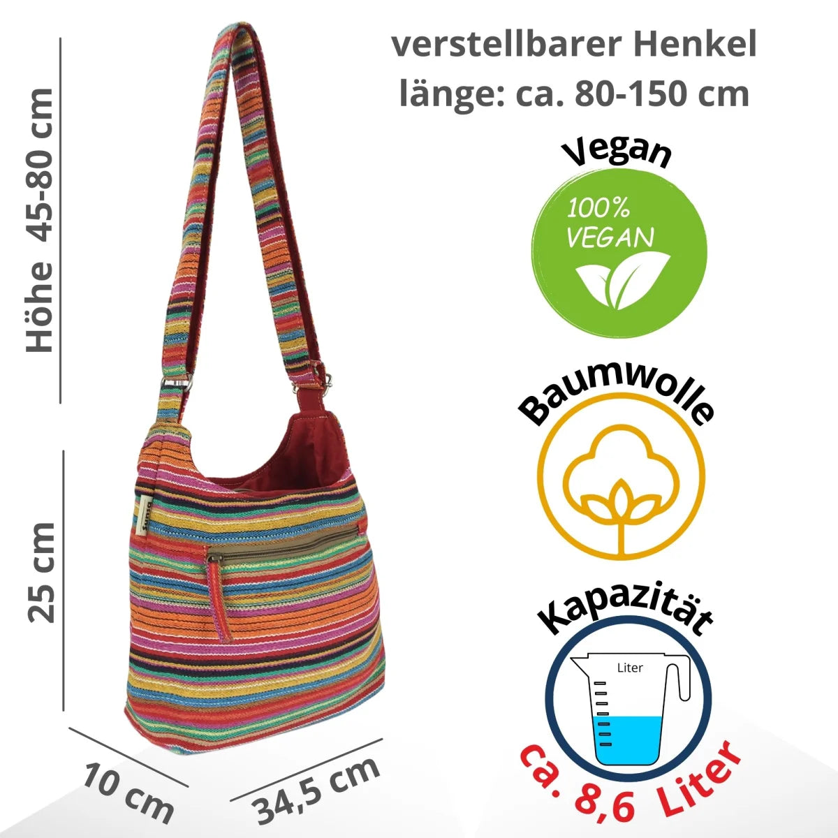 Sunsa Hobo Tasche. Gestreifte Baumwolle Umhängetasche. Vegane Schultertasche. Crossbody bag