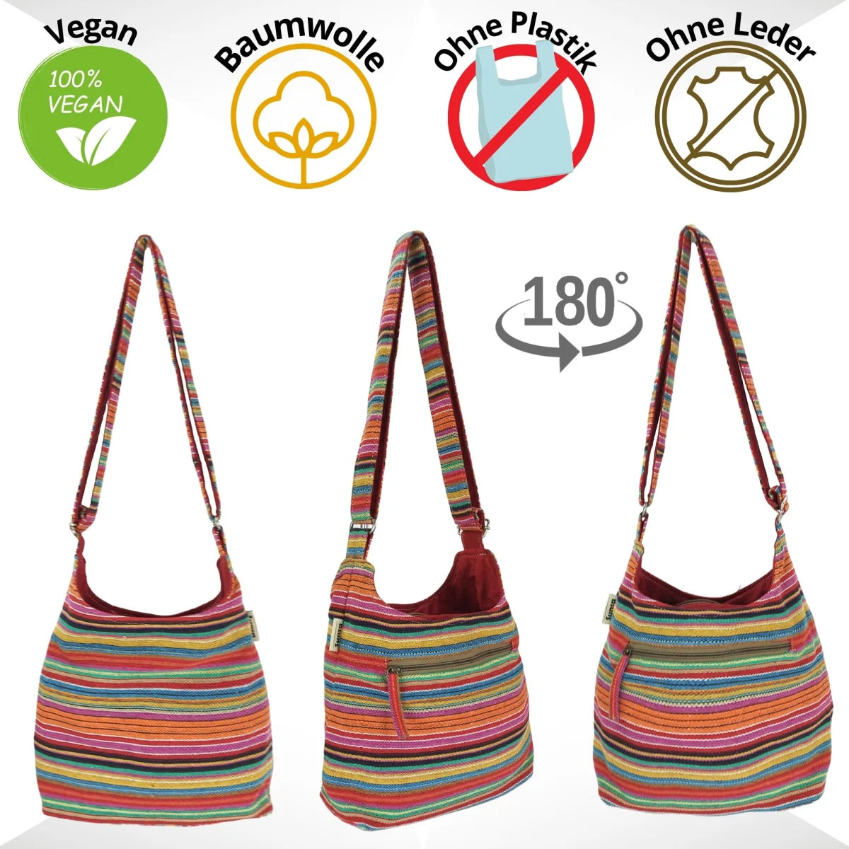 Sunsa Hobo Tasche. Gestreifte Baumwolle Umhängetasche. Vegane Schultertasche. Crossbody bag