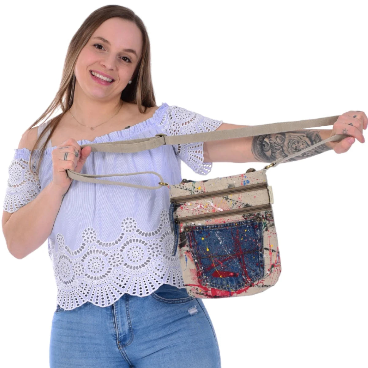 Sunsa kleine Umhängetasche, Canvas Crossbody Bag. Nachhaltige Schultertasche mit Abstrakt Kunst Design